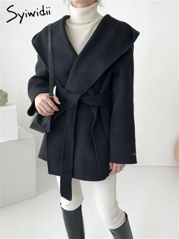 Γυναικείο μπουφάν Syiwidii Wool Blends 2023 Γυναικείο μπουφάν με κουκούλα με κουκούλα Vintage Casual Κορεάτικη μόδα Μεσαία μακριά ζεστά εξωτερικά ενδύματα