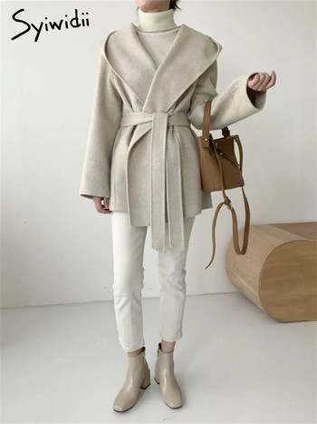Γυναικείο μπουφάν Syiwidii Wool Blends 2023 Γυναικείο μπουφάν με κουκούλα με κουκούλα Vintage Casual Κορεάτικη μόδα Μεσαία μακριά ζεστά εξωτερικά ενδύματα