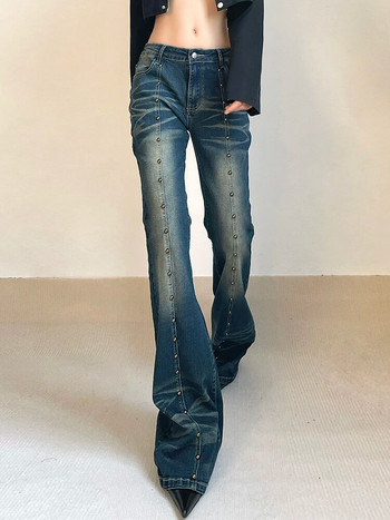 Rockmore Vintage Low Waist Flare Jeans Women Y2K Chic Rivet Slim Pencil Jean Pants Улично облекло Моден ретро деним панталон Корейски