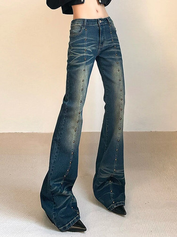 Rockmore Vintage Low Waist Flare Jeans Women Y2K Chic Rivet Slim Pencil Jean Pants Улично облекло Моден ретро деним панталон Корейски