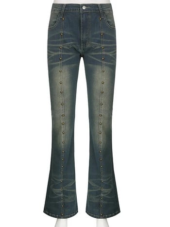 Rockmore Vintage Low Waist Flare Jeans Women Y2K Chic Rivet Slim Pencil Jean Pants Улично облекло Моден ретро деним панталон Корейски