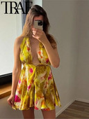 TRAF õhuke suvetrükiga naiste minikleit V-kaelusega varrukateta seljata A-joonega naiste päitsetega kleidid Y2K seksikas 2023