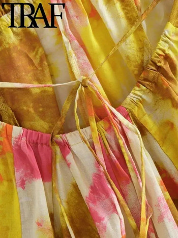 TRAF Λεπτό καλοκαιρινό εμπριμέ γυναικείο μίνι φόρεμα με βαθύ V λαιμόκοψη Αμάνικα γυναικεία φορέματα καπίστρι Υ2Κ σέξι 2023
