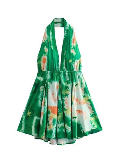 TRAF õhuke suvetrükiga naiste minikleit V-kaelusega varrukateta seljata A-joonega naiste päitsetega kleidid Y2K seksikas 2023