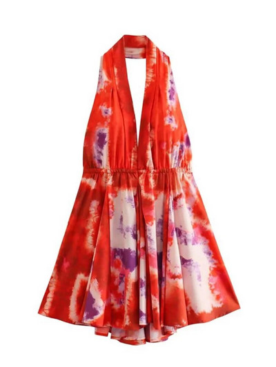 TRAF õhuke suvetrükiga naiste minikleit V-kaelusega varrukateta seljata A-joonega naiste päitsetega kleidid Y2K seksikas 2023