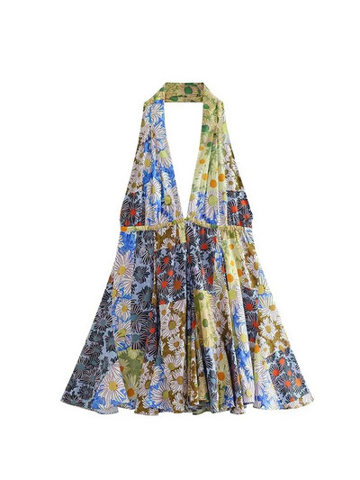 TRAF õhuke suvetrükiga naiste minikleit V-kaelusega varrukateta seljata A-joonega naiste päitsetega kleidid Y2K seksikas 2023