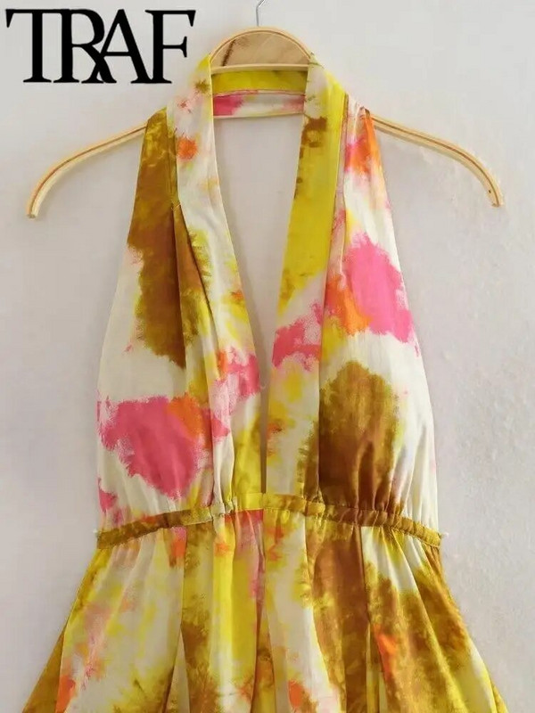 TRAF õhuke suvetrükiga naiste minikleit V-kaelusega varrukateta seljata A-joonega naiste päitsetega kleidid Y2K seksikas 2023