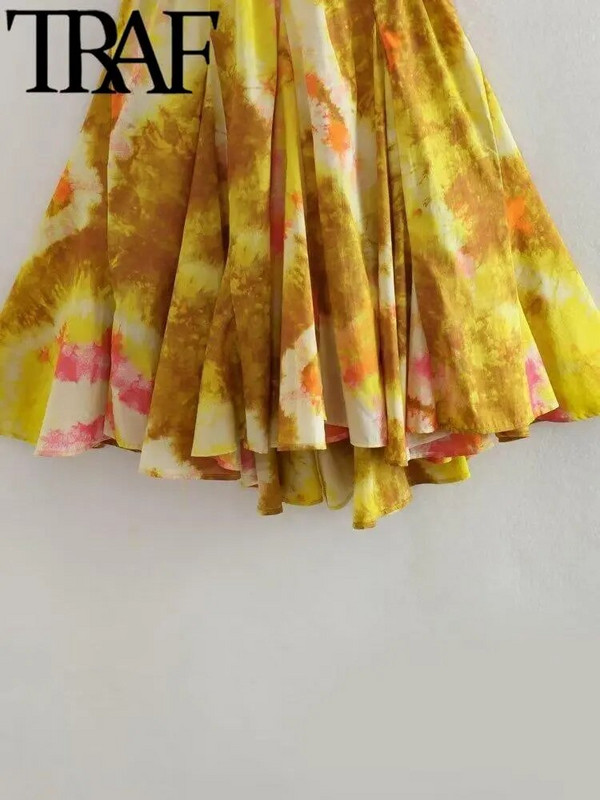 TRAF õhuke suvetrükiga naiste minikleit V-kaelusega varrukateta seljata A-joonega naiste päitsetega kleidid Y2K seksikas 2023