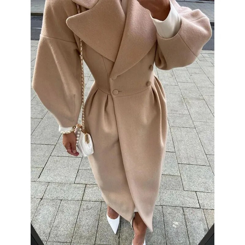 Moteriškos atvartos rankovės ilgomis striukėmis Tvirtas dvigubas juosmuo sulankstomas vilnonis paltas žieminis storas šiltas moteriškas elegantiškas viršutinis drabužis