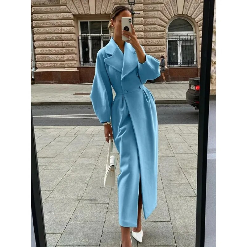 Moteriškos atvartos rankovės ilgomis striukėmis Tvirtas dvigubas juosmuo sulankstomas vilnonis paltas žieminis storas šiltas moteriškas elegantiškas viršutinis drabužis