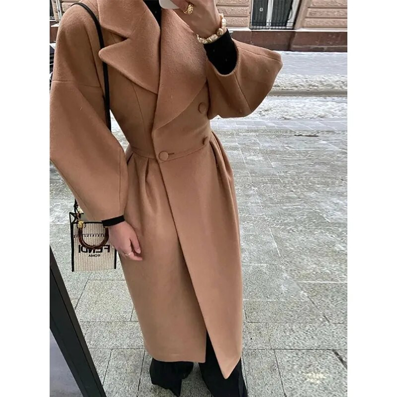 Moteriškos atvartos rankovės ilgomis striukėmis Tvirtas dvigubas juosmuo sulankstomas vilnonis paltas žieminis storas šiltas moteriškas elegantiškas viršutinis drabužis