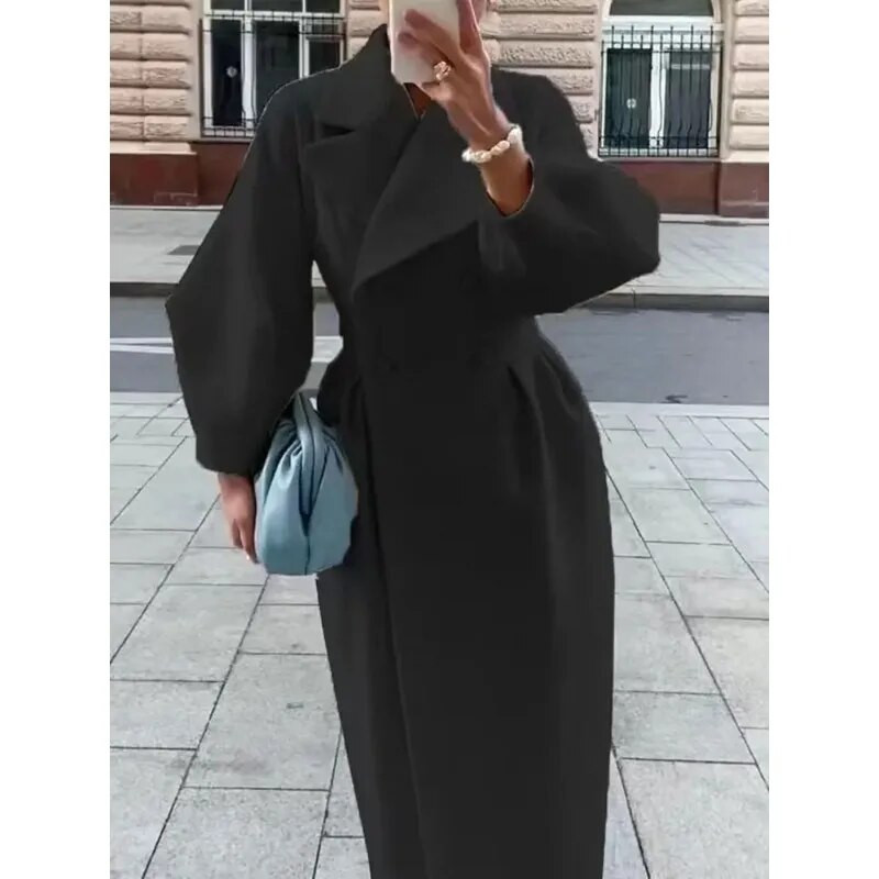 Moteriškos atvartos rankovės ilgomis striukėmis Tvirtas dvigubas juosmuo sulankstomas vilnonis paltas žieminis storas šiltas moteriškas elegantiškas viršutinis drabužis