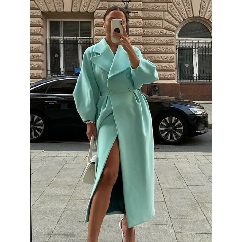 Moteriškos atvartos rankovės ilgomis striukėmis Tvirtas dvigubas juosmuo sulankstomas vilnonis paltas žieminis storas šiltas moteriškas elegantiškas viršutinis drabužis