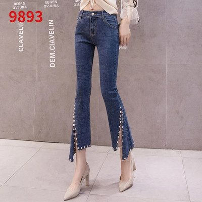 Moodsad kõrge vöökohaga karusnahaga voodriga teksad Naiste vabaaja tänavarõivad Lim-Fit küünepärlitega teksariiete püksid, naiste tüdrukud, vanad kellukesed