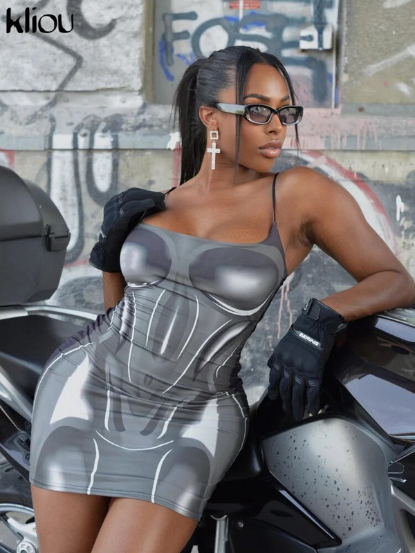 Kliou 3D-printimine spagetid rihm minikleit naistele seksikas hipsterlik kandiline krae keha vormiv puusaseelik Tänavarõivad naistele Vestido