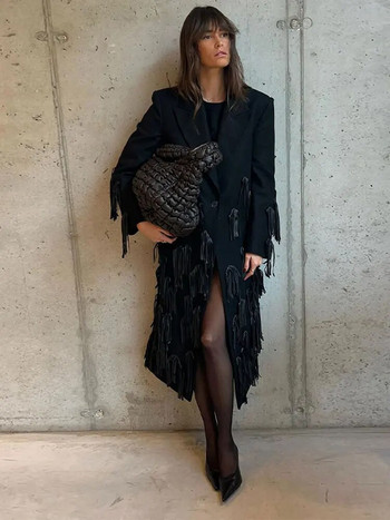 Ρετρό μαύρη γυναικεία φούντα μάλλινα παλτό Κομψά φαρδιά μακρυμάνικα μπουφάν V γιακά 2023 Φθινοπωρινή χειμερινή καμπαρντίνα