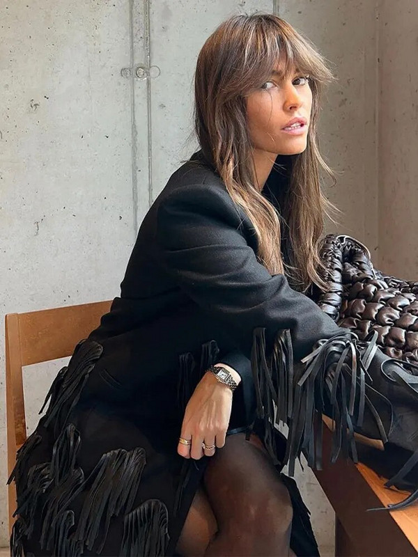 Retromust naine, villasegude tutiga mantel Elegantne avara pikkade varrukatega V-kraega jakid 2023. aasta sügistalvine mantel