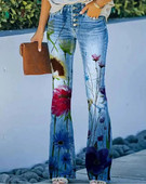 Naiste teksad Retrotrükiga Põlevad teksad Stretch õhukesed tänavarõivad stiilis teksapüksid madala vöökohaga lahtised vabaaja püksid tänavarõivad