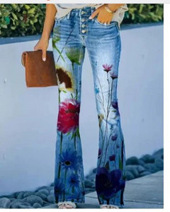 Naiste teksad Retrotrükiga Põlevad teksad Stretch õhukesed tänavarõivad stiilis teksapüksid madala vöökohaga lahtised vabaaja püksid tänavarõivad