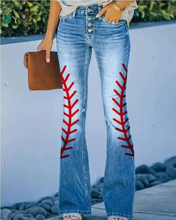 Γυναικεία τζιν ρετρό τύπωμα Flared Jeans Stretch Slim Streetwear Style Denim Παντελόνια Χαμηλή μέση Φαρδιά Casual Παντελόνια Streetwear