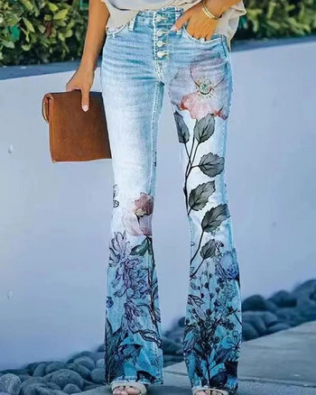 Γυναικεία τζιν ρετρό τύπωμα Flared Jeans Stretch Slim Streetwear Style Denim Παντελόνια Χαμηλή μέση Φαρδιά Casual Παντελόνια Streetwear