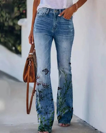 Дамски дънки Ретро щампа Дънки с изпъкнали разтегливи тънки дънки в стил Streetwear Дънкови панталони с ниска талия Свободни ежедневни панталони Streetwear