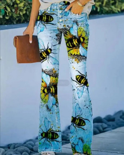 Naiste teksad Retrotrükiga Põlevad teksad Stretch õhukesed tänavarõivad stiilis teksapüksid madala vöökohaga lahtised vabaaja püksid tänavarõivad