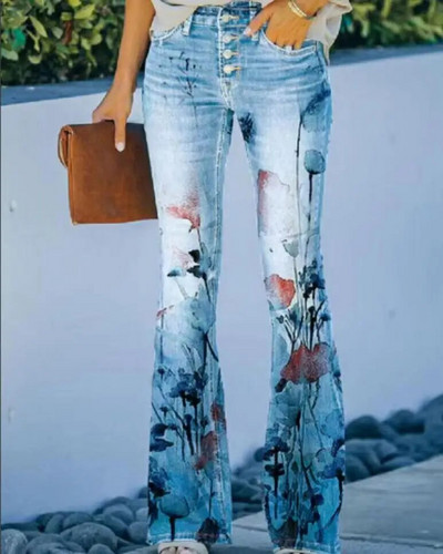 Naiste teksad Retrotrükiga Põlevad teksad Stretch õhukesed tänavarõivad stiilis teksapüksid madala vöökohaga lahtised vabaaja püksid tänavarõivad