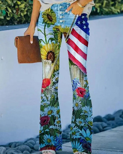 Naiste teksad Retrotrükiga Põlevad teksad Stretch õhukesed tänavarõivad stiilis teksapüksid madala vöökohaga lahtised vabaaja püksid tänavarõivad