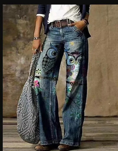 Naiste teksad Retrotrükiga Põlevad teksad Stretch õhukesed tänavarõivad stiilis teksapüksid madala vöökohaga lahtised vabaaja püksid tänavarõivad