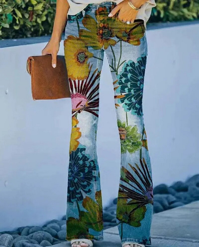 Naiste teksad Retrotrükiga Põlevad teksad Stretch õhukesed tänavarõivad stiilis teksapüksid madala vöökohaga lahtised vabaaja püksid tänavarõivad