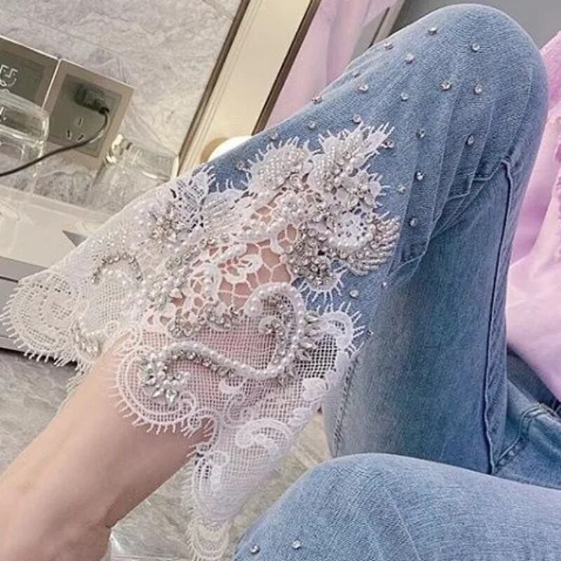 Γυναικείο τζιν με στρασάκια Pipe Cropped και παντελόνι Capris Flare Slim Fit Παντελόνι για Γυναικεία Lace Skinny Bell Bottom Cowboy 90s