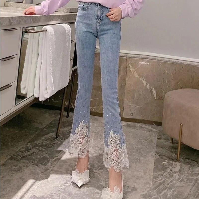Γυναικείο τζιν με στρασάκια Pipe Cropped και παντελόνι Capris Flare Slim Fit Παντελόνι για Γυναικεία Lace Skinny Bell Bottom Cowboy 90s