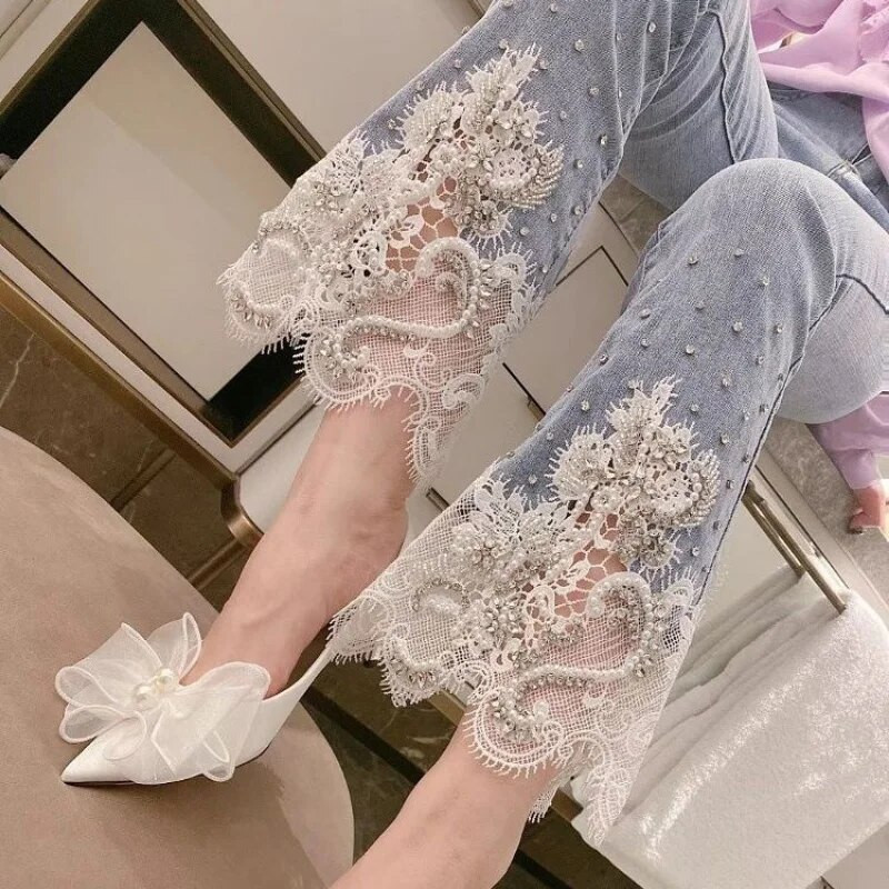 Γυναικείο τζιν με στρασάκια Pipe Cropped και παντελόνι Capris Flare Slim Fit Παντελόνι για Γυναικεία Lace Skinny Bell Bottom Cowboy 90s