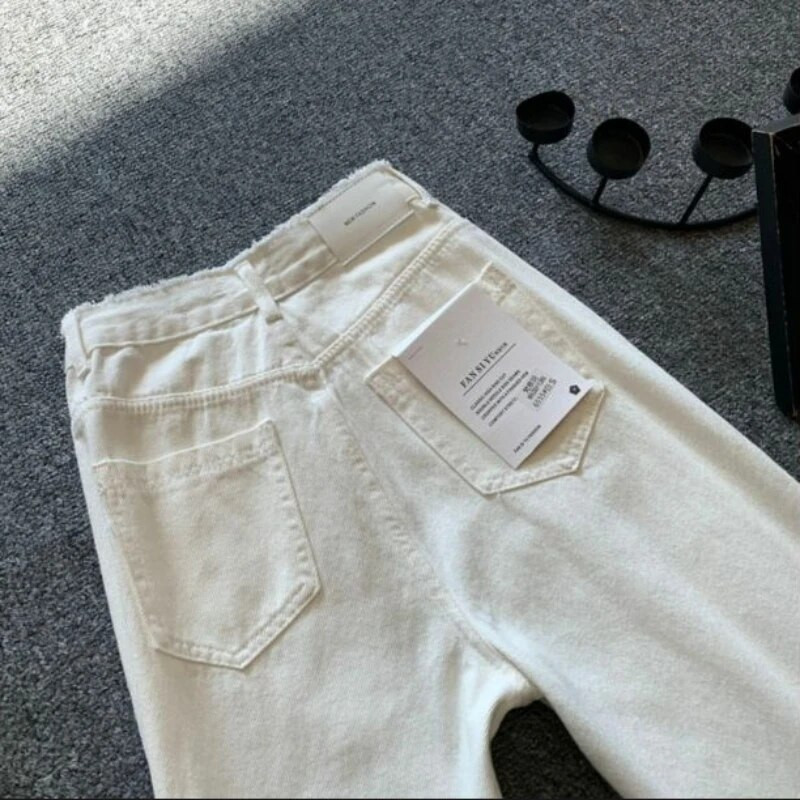 Valged teksad, naiste teksapüksid šikk kõrge vöökohaga Ulzzang graatsiline vaba aja veetmine naistele õrnalt lõhki kantud tänavarõivad Harajuku vintage Pure Ins