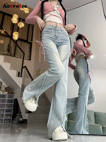 Aotvotee Bandage Jeans για γυναίκες 2023 Ψηλόμεση Split Slim Straight Flare Jeans Νέα μόδα Vintage Casual Chic τζιν παντελόνι