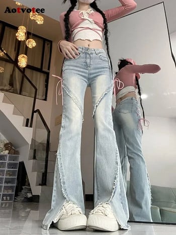 Aotvotee Bandage Jeans για γυναίκες 2023 Ψηλόμεση Split Slim Straight Flare Jeans Νέα μόδα Vintage Casual Chic τζιν παντελόνι