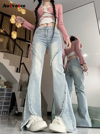 Aotvotee Bandage Jeans για γυναίκες 2023 Ψηλόμεση Split Slim Straight Flare Jeans Νέα μόδα Vintage Casual Chic τζιν παντελόνι