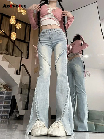 Aotvotee Bandage Jeans για γυναίκες 2023 Ψηλόμεση Split Slim Straight Flare Jeans Νέα μόδα Vintage Casual Chic τζιν παντελόνι