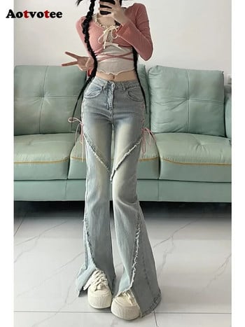 Aotvotee Bandage Jeans για γυναίκες 2023 Ψηλόμεση Split Slim Straight Flare Jeans Νέα μόδα Vintage Casual Chic τζιν παντελόνι