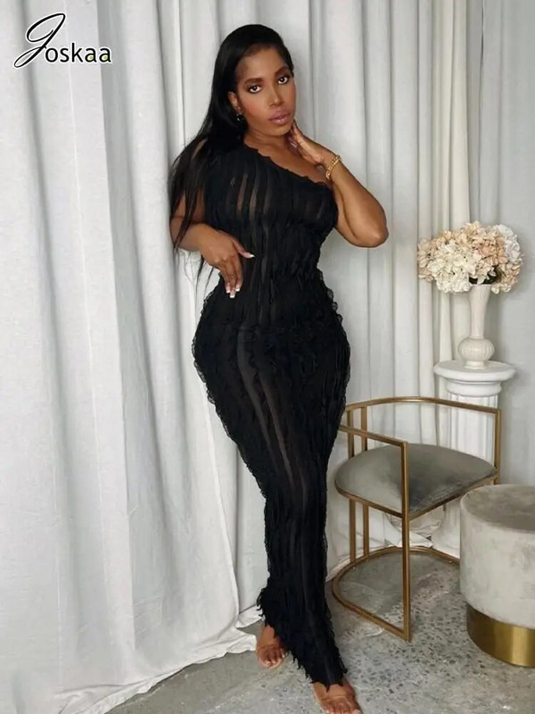 Joskaa Elegantna drapirana crna maksi haljina, ženske seksi rastezljivi ogrtači na jedno rame bez rukava, ljetne klupske haljine za zabavu za ljeto 2023.