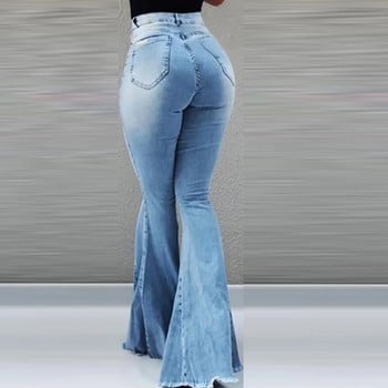 Дамски дънки Slim Fit Denim Pants Bell Bottom High Waist Bootleg Jeans Stretch Female Flare Pantous Модни широки крачоли Скъсани дънки