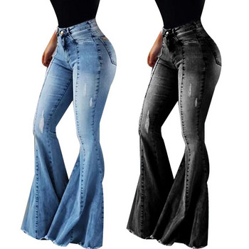 Дамски дънки Slim Fit Denim Pants Bell Bottom High Waist Bootleg Jeans Stretch Female Flare Pantous Модни широки крачоли Скъсани дънки