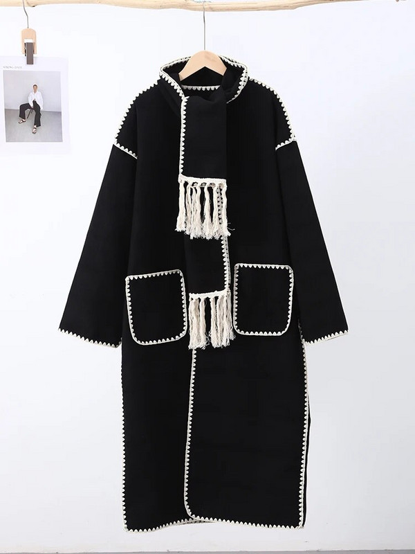 Modni vuneni topli dugi kaputi s vezom za žene sa šalom Jesenski kaputi s džepovima Ženska elegantna ženska gornja odjeća u stilu Lady Chic