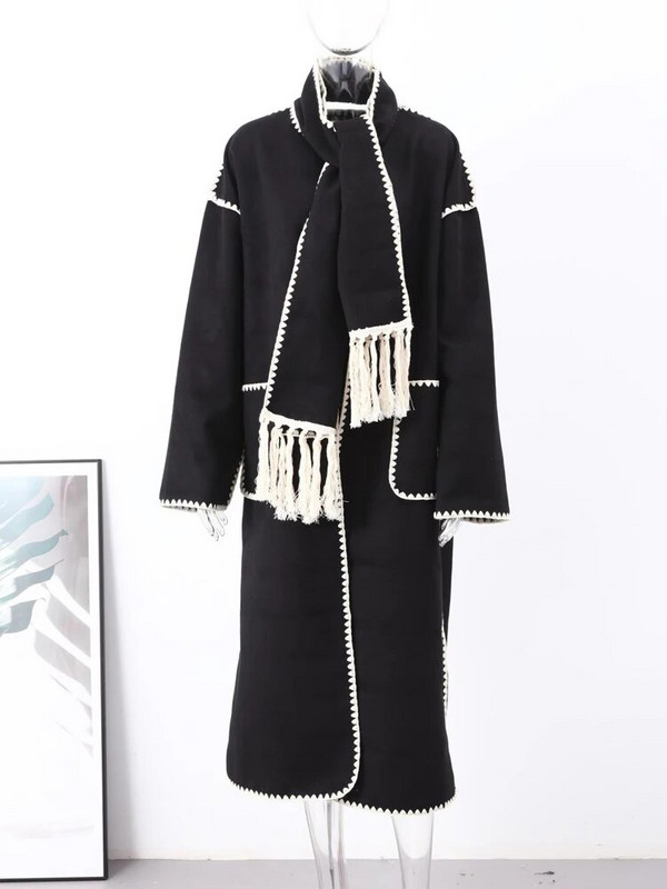 Modni vuneni topli dugi kaputi s vezom za žene sa šalom Jesenski kaputi s džepovima Ženska elegantna ženska gornja odjeća u stilu Lady Chic