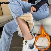 Moodsad talvesoojad teksad naiste kõrge vöökohaga pluss sametpunased püksid, paksud pehmed Vaqueros Korea disainiga kitsad teksapüksid