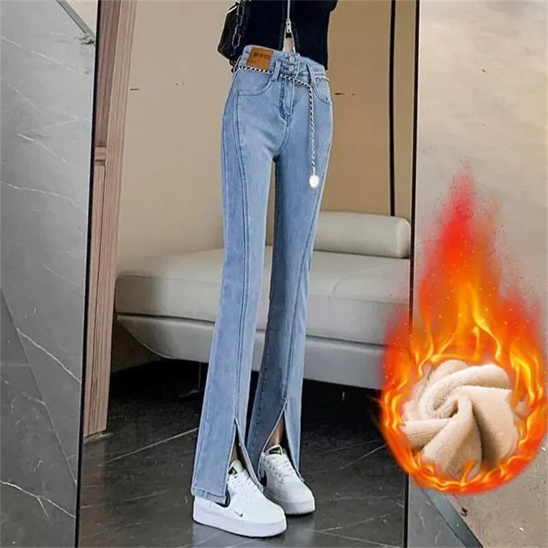 Moodsad talvesoojad teksad naiste kõrge vöökohaga pluss sametpunased püksid, paksud pehmed Vaqueros Korea disainiga kitsad teksapüksid