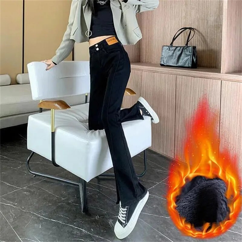Moodsad talvesoojad teksad naiste kõrge vöökohaga pluss sametpunased püksid, paksud pehmed Vaqueros Korea disainiga kitsad teksapüksid