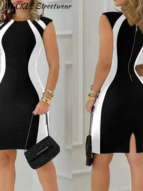 Sexy Sheath naiste minikleit 2023 suvine O-kaelusega varrukateta puusapakett Naiste lühikesed kleidid paneelidega kontori Daami Bodycon-mantel