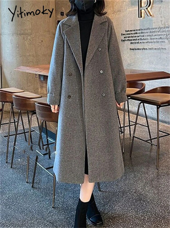 Yitimoky Thicken Warm Wool Coat Women 2023 New Vintage Дълги якета с двуредно ежедневие Свободно зимно палто с отложена яка